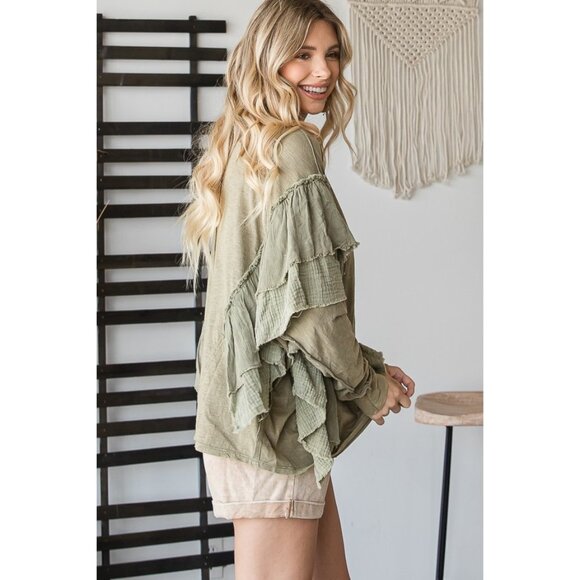 034 Oli & Hali Washed Ruffle Detail Dolan Sleeve Oversized NEW Sage Size Small - Picture 4 of 5